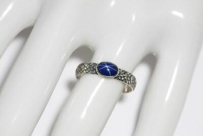 Oval Created Blue Star Sapphire Dragon Scale Band Antique Silver by Salish Sea Inspirations - image2